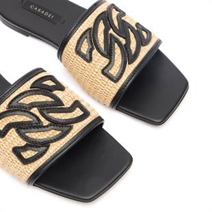 Siyah Deri Geçişli Hasır Terlik