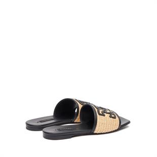 Siyah Deri Geçişli Hasır Terlik