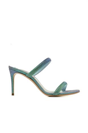 Turkuaz Taşlı Degrade Bant Topuklu Terlik