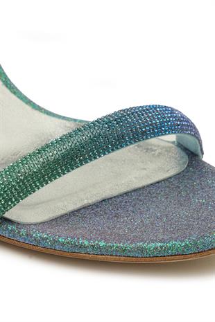 Turkuaz Taşlı Degrade Bant Topuklu Terlik