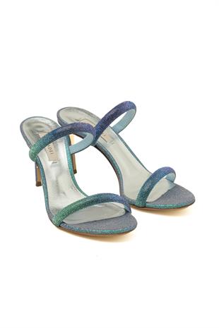 Turkuaz Taşlı Degrade Bant Topuklu Terlik