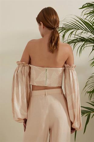 Drapeli Balon Kollu Desenli Crop Bluz
