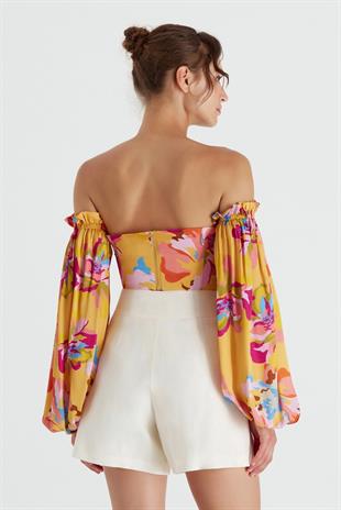 Düğüm Detaylı Renkli Desen Crop Bluz