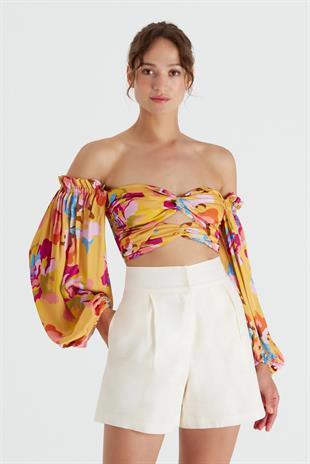 Düğüm Detaylı Renkli Desen Crop Bluz