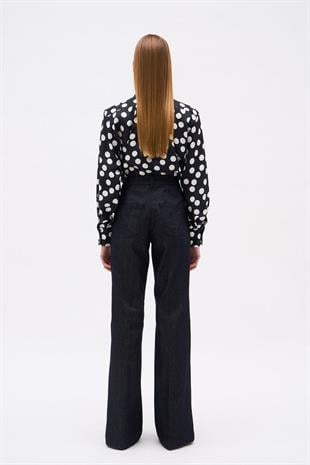 Logolu Geniş Paça Denim Pantolon