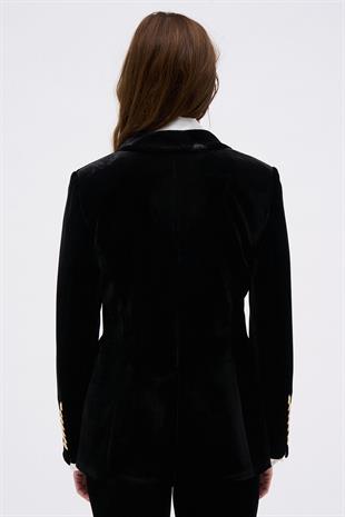 Siyah Gold Tokalı Kadife Ceket