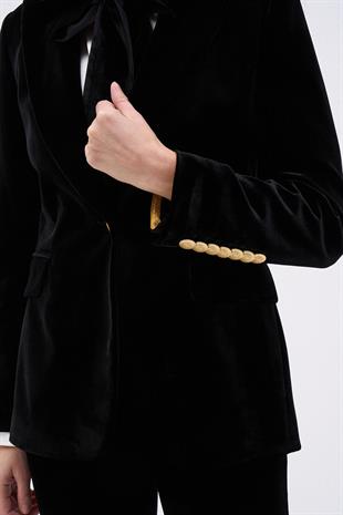 Siyah Gold Tokalı Kadife Ceket