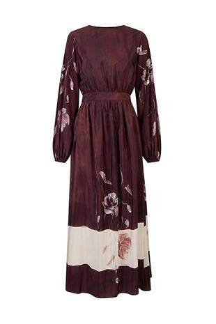 Çiçek Desenli İpek Uzun Elbise