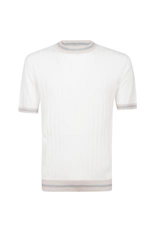 Şerit Dokulu Beyaz Pamuk T-Shirt