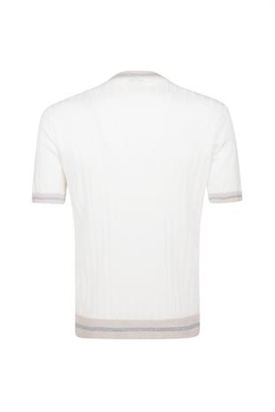 Şerit Dokulu Beyaz Pamuk T-Shirt