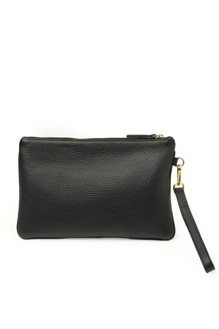 Siyah Deri Fermuarlı Çanta