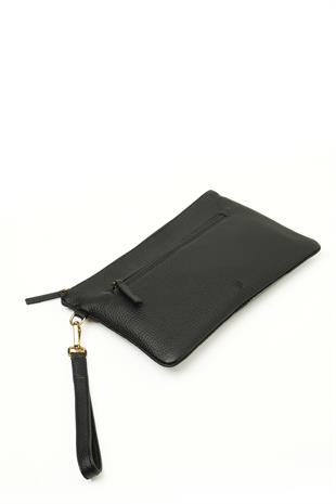 Siyah Deri Fermuarlı Çanta