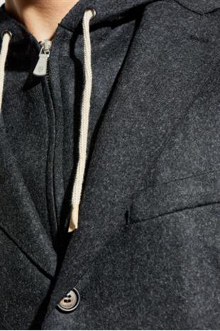 Siyah Kapüşonlu Yün Karışımlı Ceket