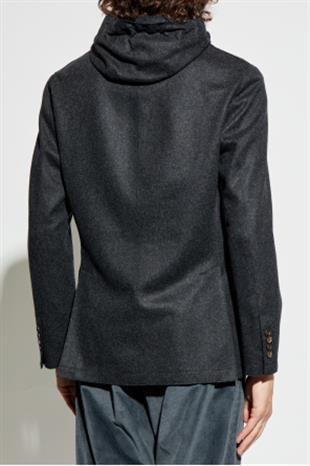 Siyah Kapüşonlu Yün Karışımlı Ceket