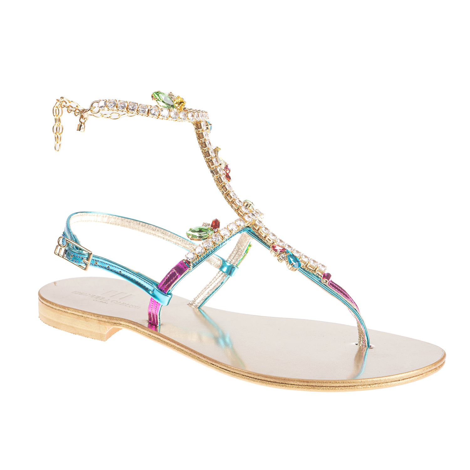 Taşlı Parlak Bantlı Bilekten Bağlamalı Sandalet