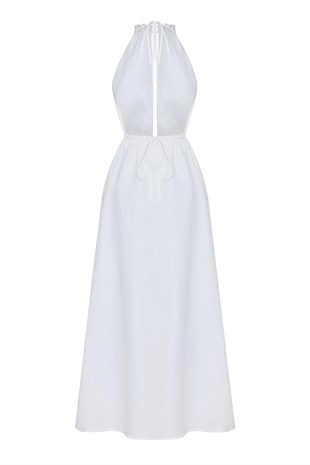 Beyaz Halter Yaka Keten Elbise