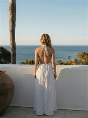 Beyaz Halter Yaka Keten Elbise