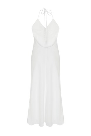 Beyaz Keten Halter Yaka Elbise