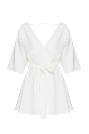 Beyaz Keten Mini Elbise