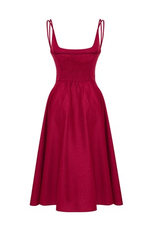Bordo Keten Midi Elbise