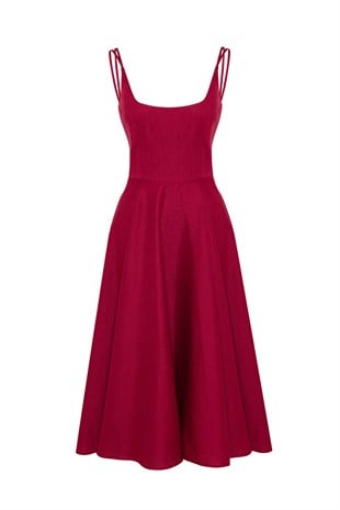 Bordo Keten Midi Elbise