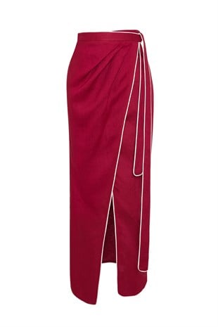 Bordo Keten Midi Etek