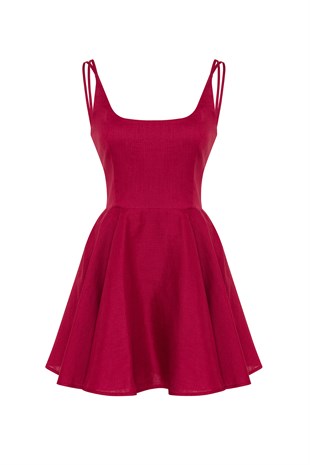 Bordo Organik Keten Mini Elbise