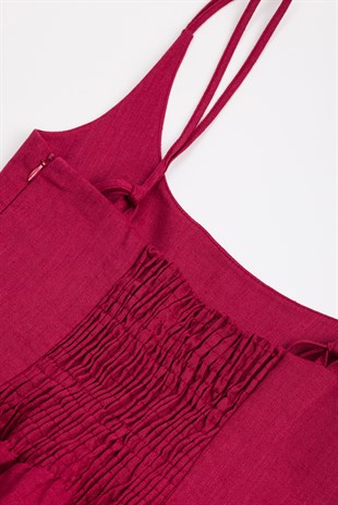 Bordo Organik Keten Mini Elbise