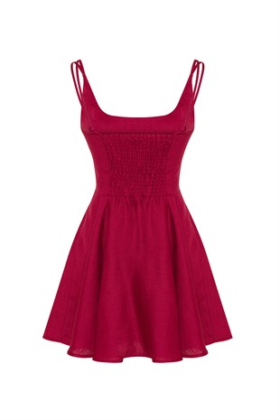 Bordo Organik Keten Mini Elbise