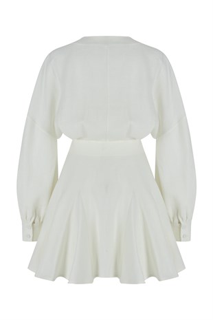 Ekru Kemer Detaylı Keten Elbise