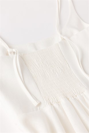 Ekru Keten Midi Elbise