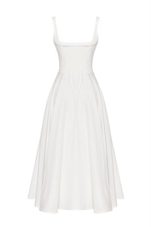 Ekru Keten Midi Elbise