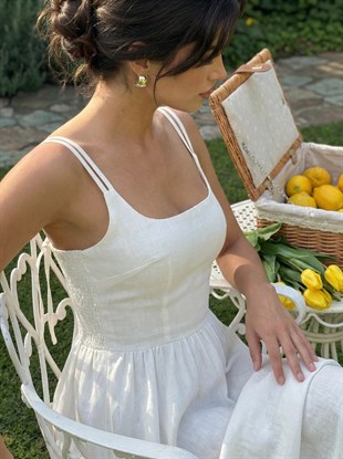 Ekru Keten Midi Elbise