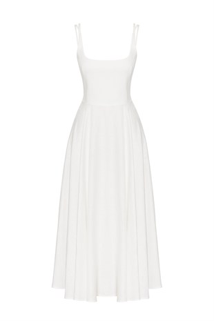 Ekru Keten Midi Elbise