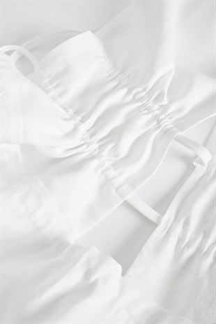 Ekru Keten Mini Elbise