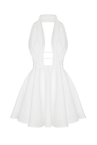 Ekru Keten Mini Elbise