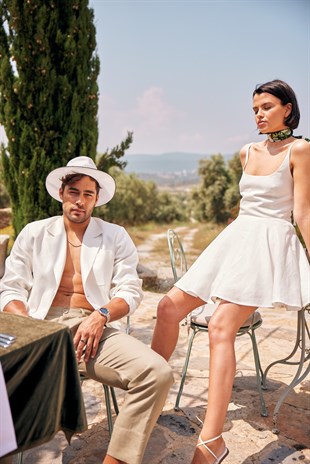 Ekru Organik Keten Mini Elbise