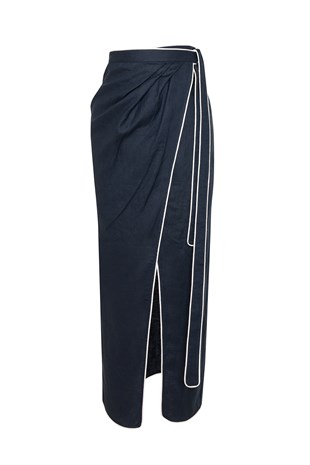 Lacivert Keten Midi Etek