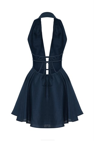 Lacivert Keten Mini Elbise