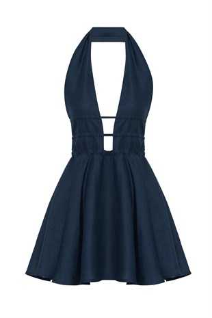 Lacivert Keten Mini Elbise
