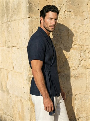 Lacivert Organik Keten Gömlek