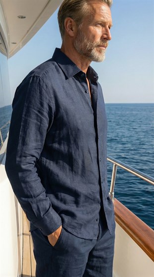 Lacivert Organik Keten Gömlek