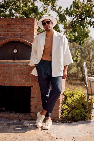 Lacivert Organik Keten Pantolon