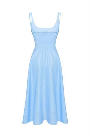 Mavi Keten Midi Elbise