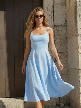 Mavi Keten Midi Elbise