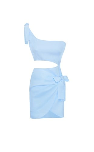 Mavi Keten Mini Elbise