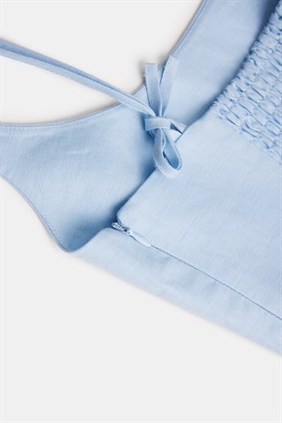 Mavi Organik Keten Mini Elbise