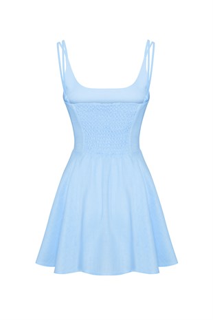 Mavi Organik Keten Mini Elbise