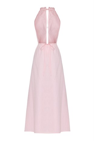 Pembe Halter Yaka Keten Elbise