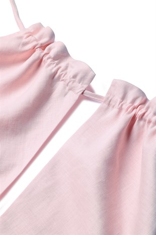Pembe Halter Yaka Keten Elbise